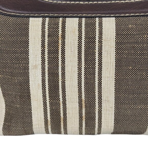 Fossil Tan Brown Tote Bag Canvas Basket Weave Striped Faux Leather Y2K EUC - Picture 2 of 16